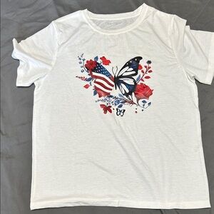 SHEIN White Tee with Butterfly, Flag, and Floral Design